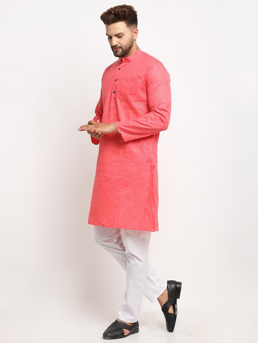 men coral & white solid kurta with trouser - 20625374 - Standard Image - 1