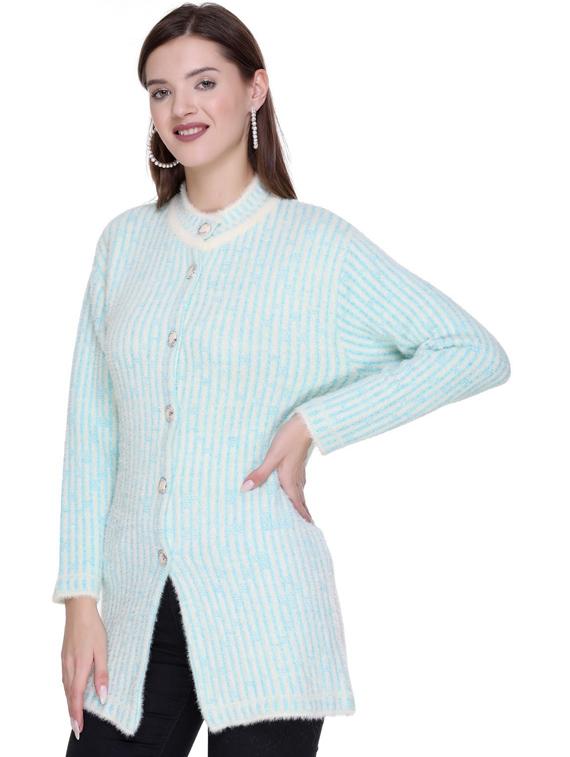 light blue self striped design woollen cardigan - 20625466 - Standard Image - 1
