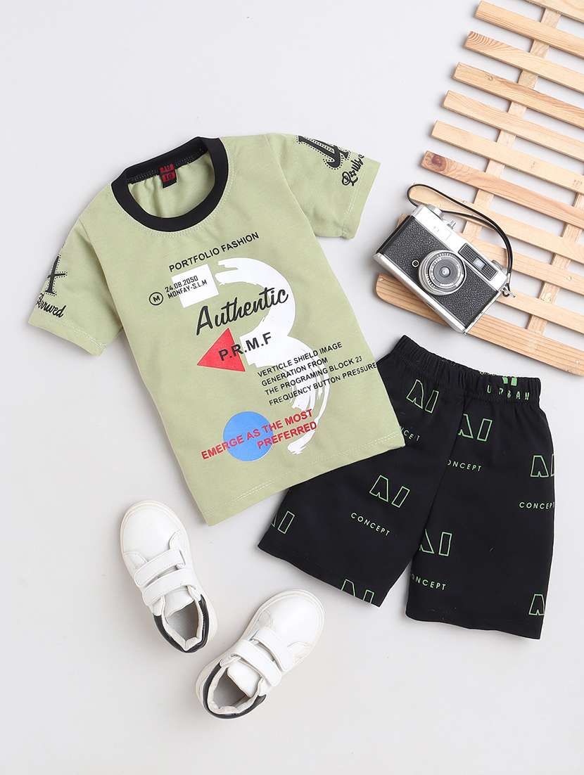 green typographic printed t-shirt & shorts set