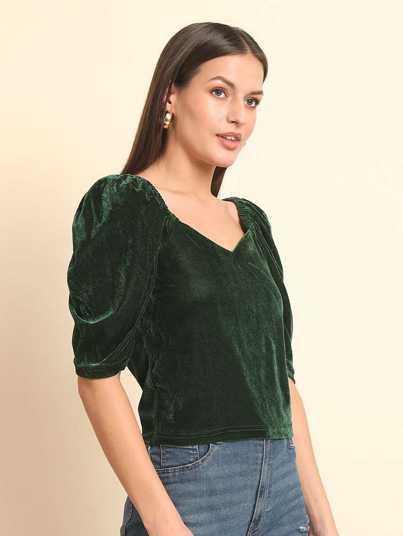 solid green puff sleeves regular top - 20627316 - Standard Image - 1
