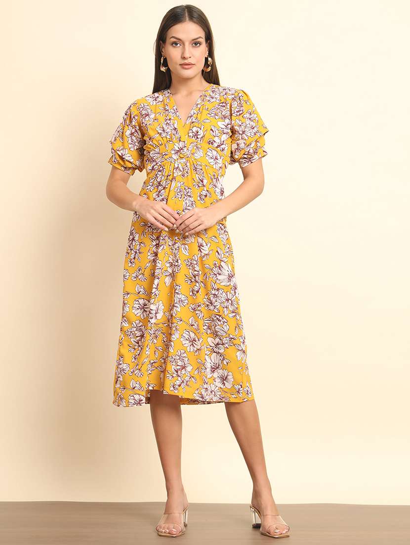 yellow floral printed detailed midi dress - 20627368 -  Standard Image - 1