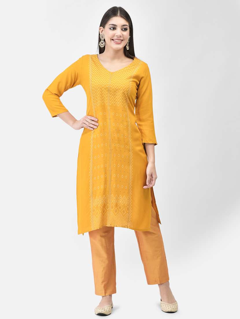 women yellow v-neck straight kurta