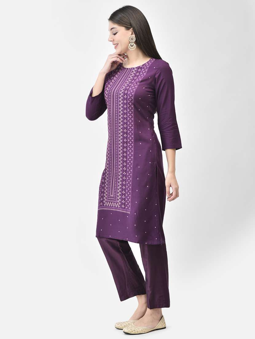 women purple round neck straight kurta - 20627476 -  Standard Image - 1