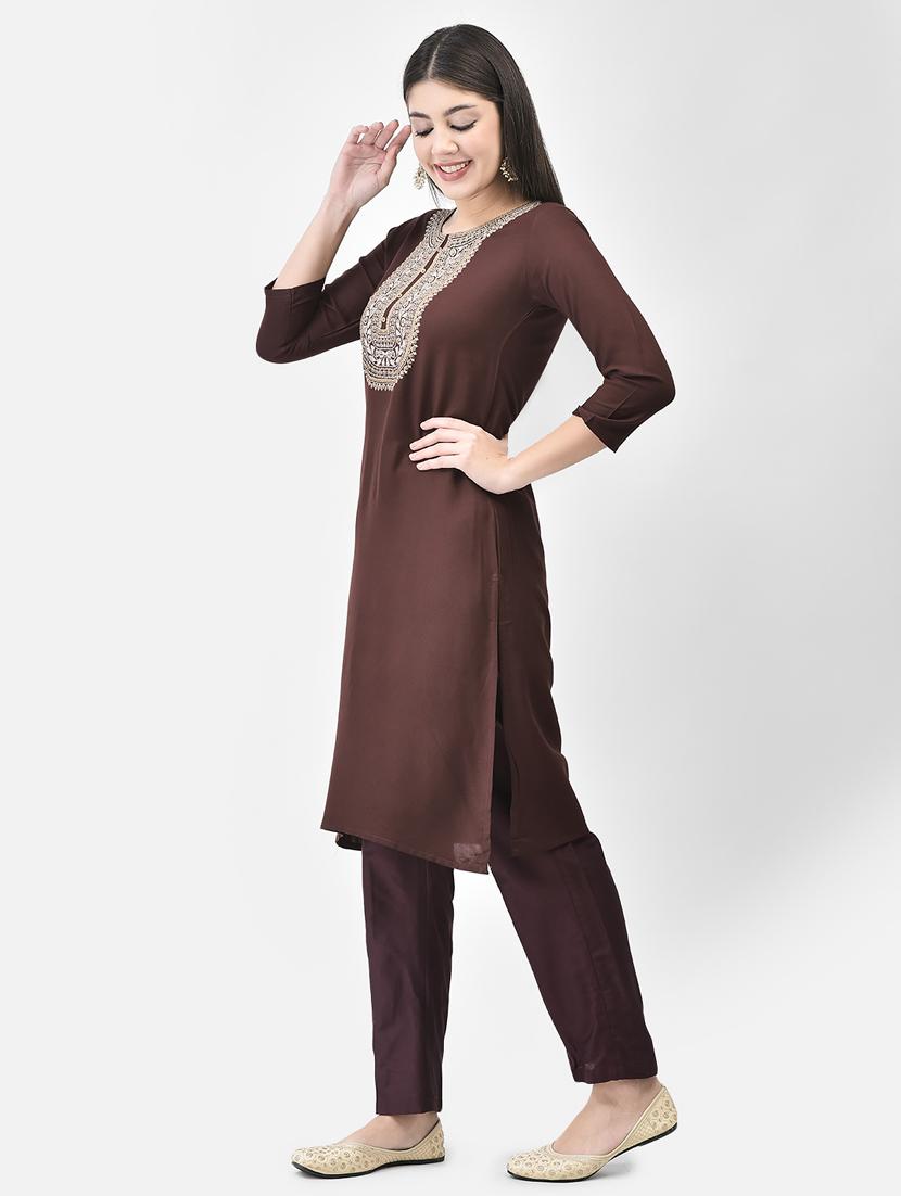 women brown round neck straight kurta - 20627477 -  Standard Image - 1