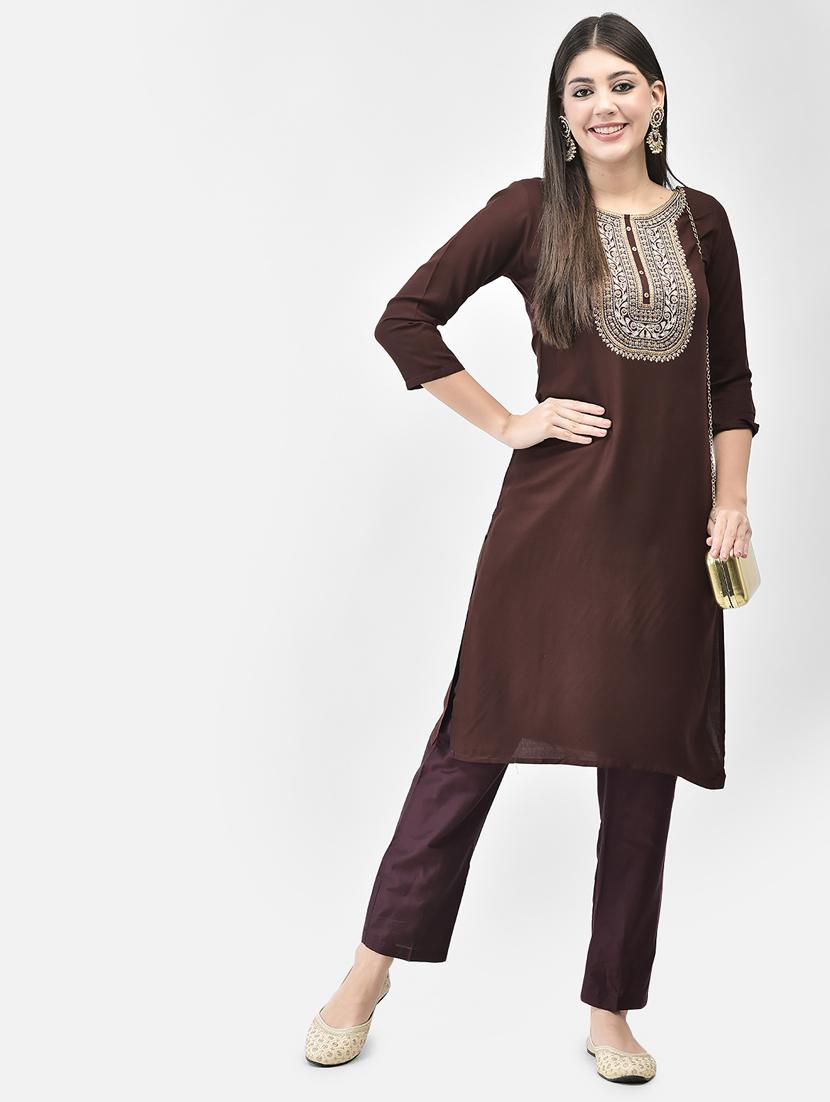 women brown round neck straight kurta - 20627477 - Standard Image - 4