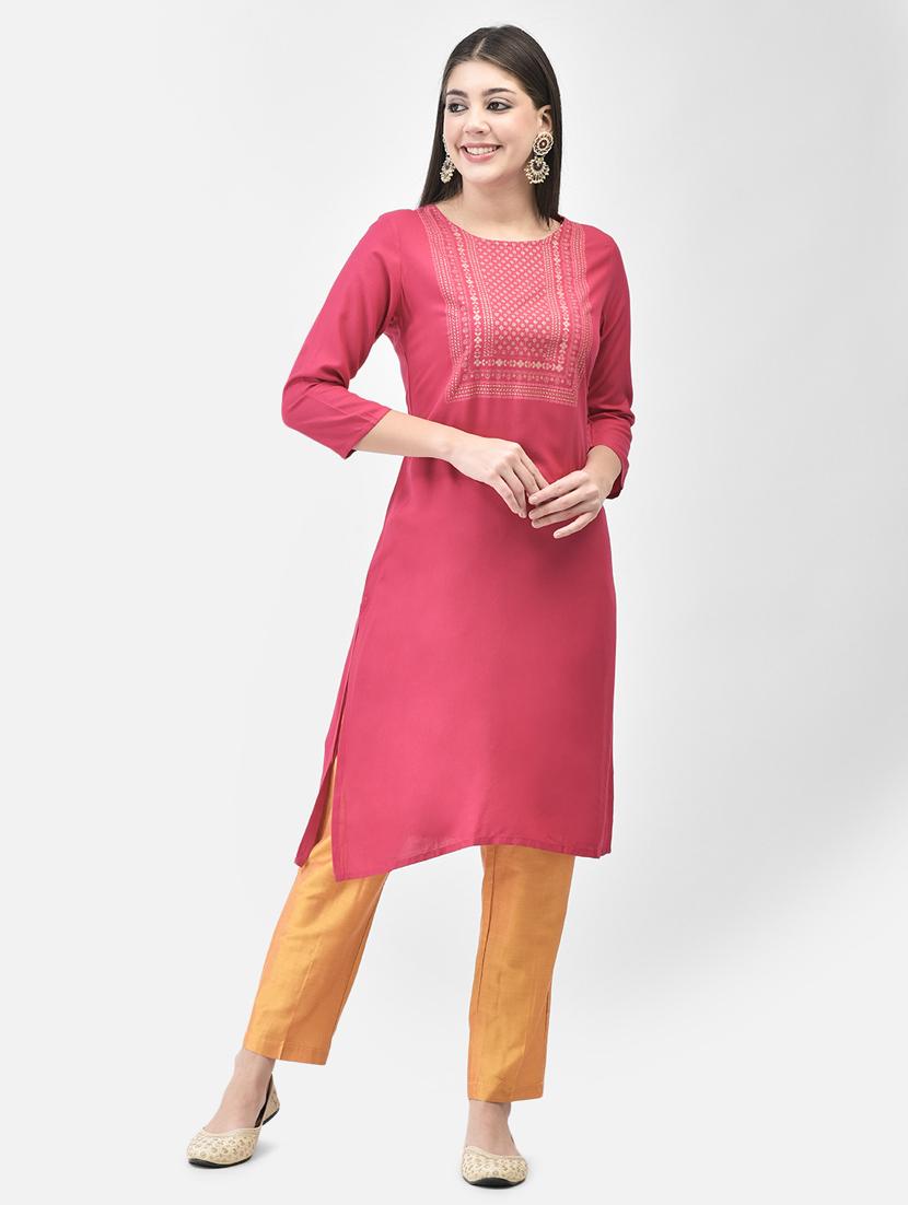 women pink round neck straight kurta - 20627478 -  Zoom Image - 0