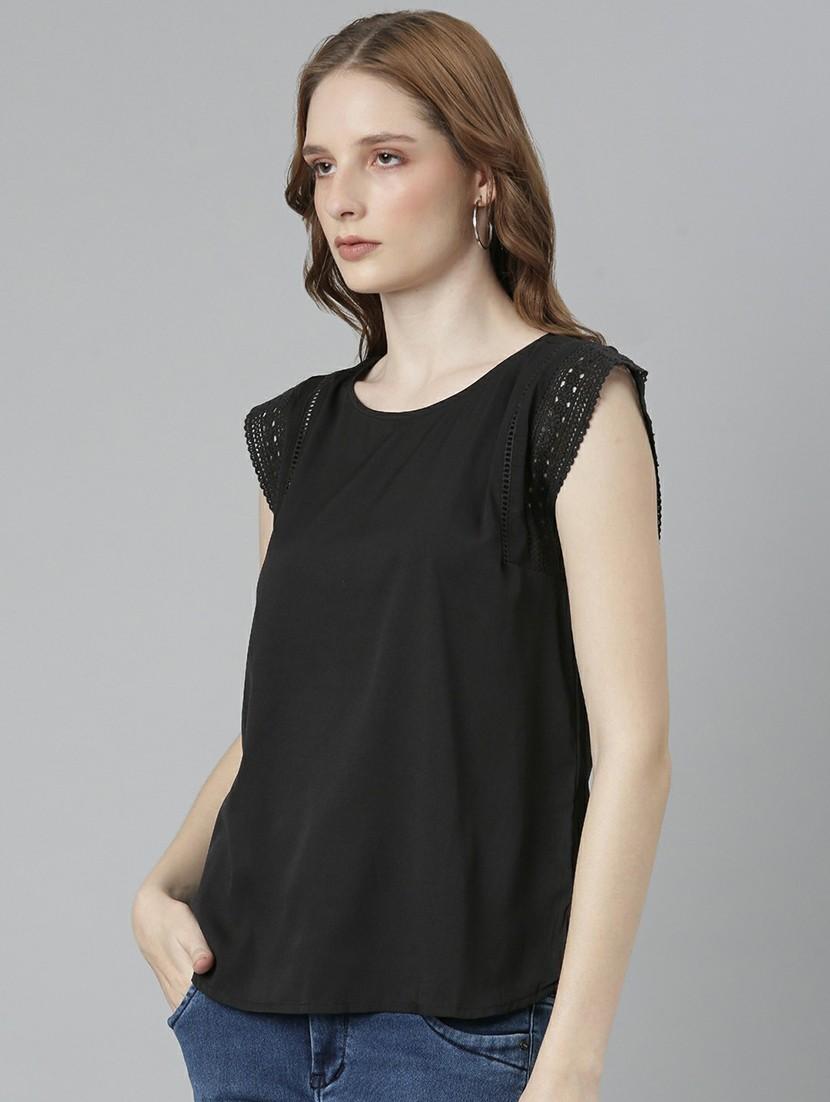 solid black lace detailed sleeves casual top - 20627919 - Standard Image - 1