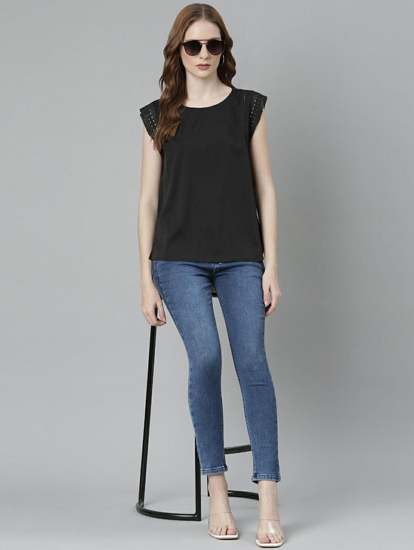 solid black lace detailed sleeves casual top - 20627919 - Standard Image - 4
