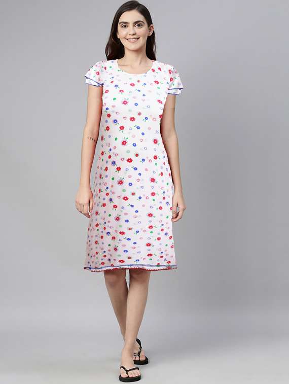 women white round neck floral printed nighty