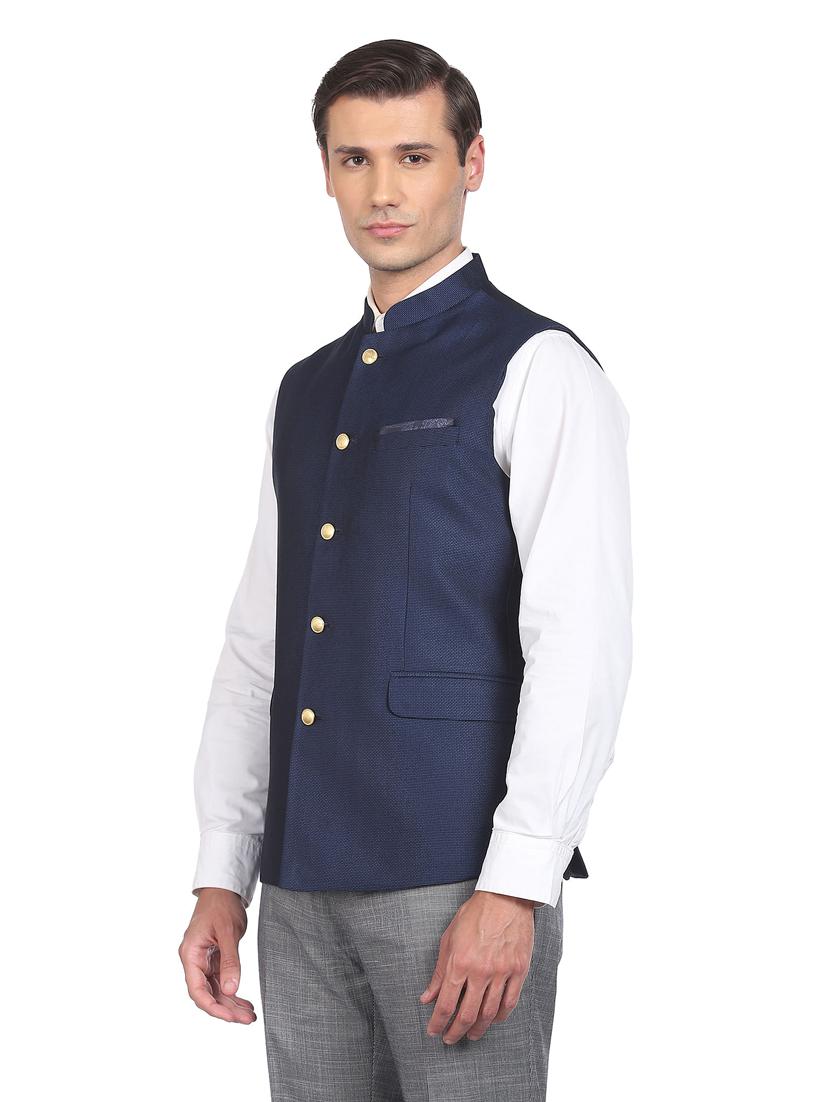 navy blue cotton nehru jacket - 20632788 -  Standard Image - 1