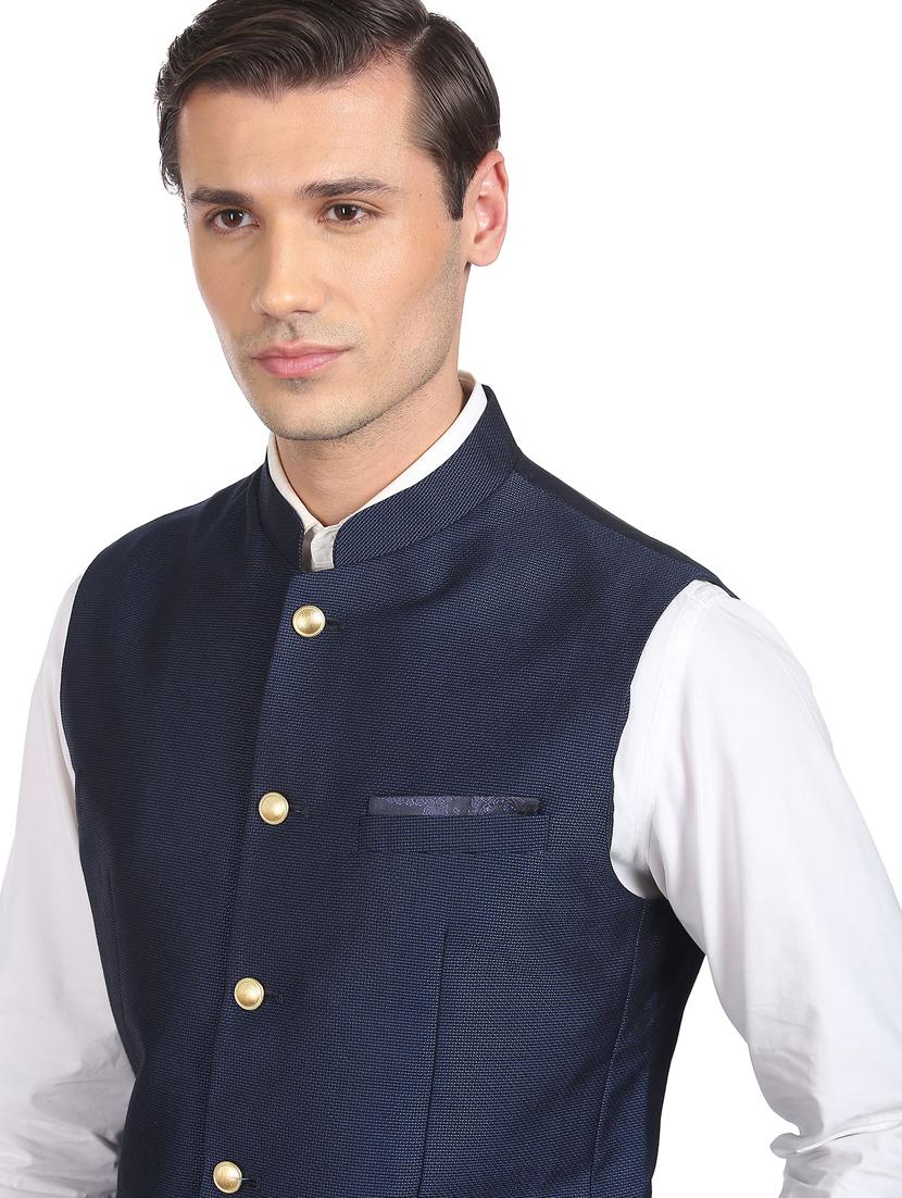 navy blue cotton nehru jacket - 20632788 - Standard Image - 4