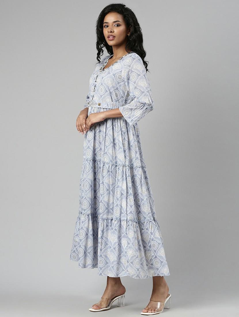 women blue printed v-neck tiered midi dress - 20643992 -  Standard Image - 1