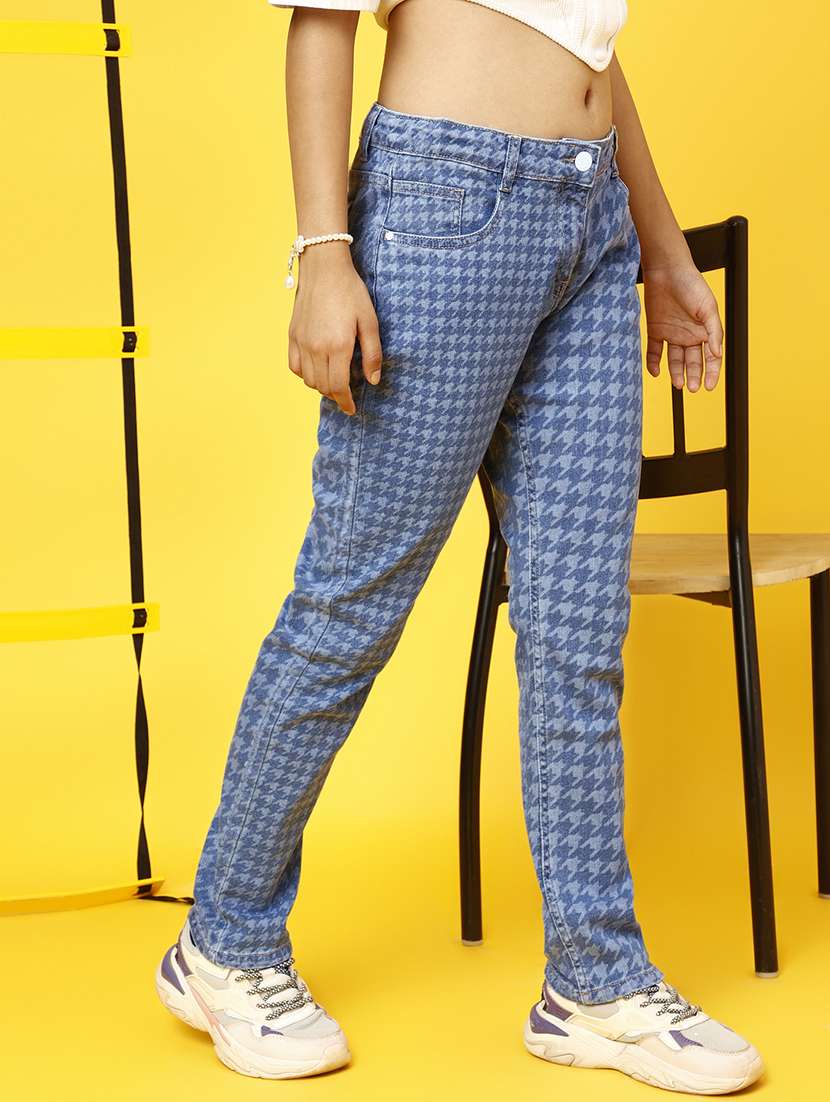 girls blue printed slim fit jeans - 20644006 -  Standard Image - 1