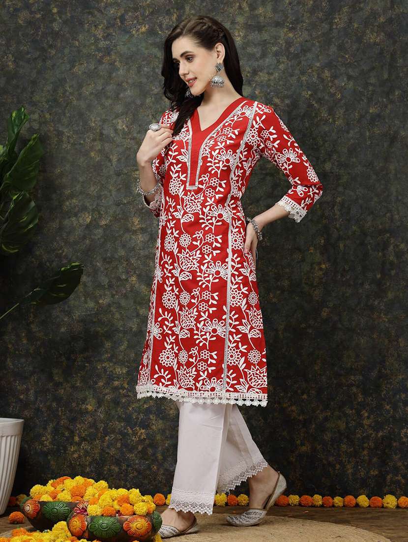 women v-neck floral printed straight kurta - 20644366 -  Standard Image - 1
