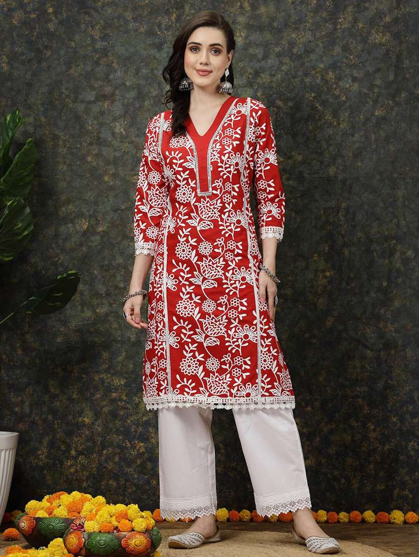 women v-neck floral printed straight kurta - 20644366 -  Standard Image - 4
