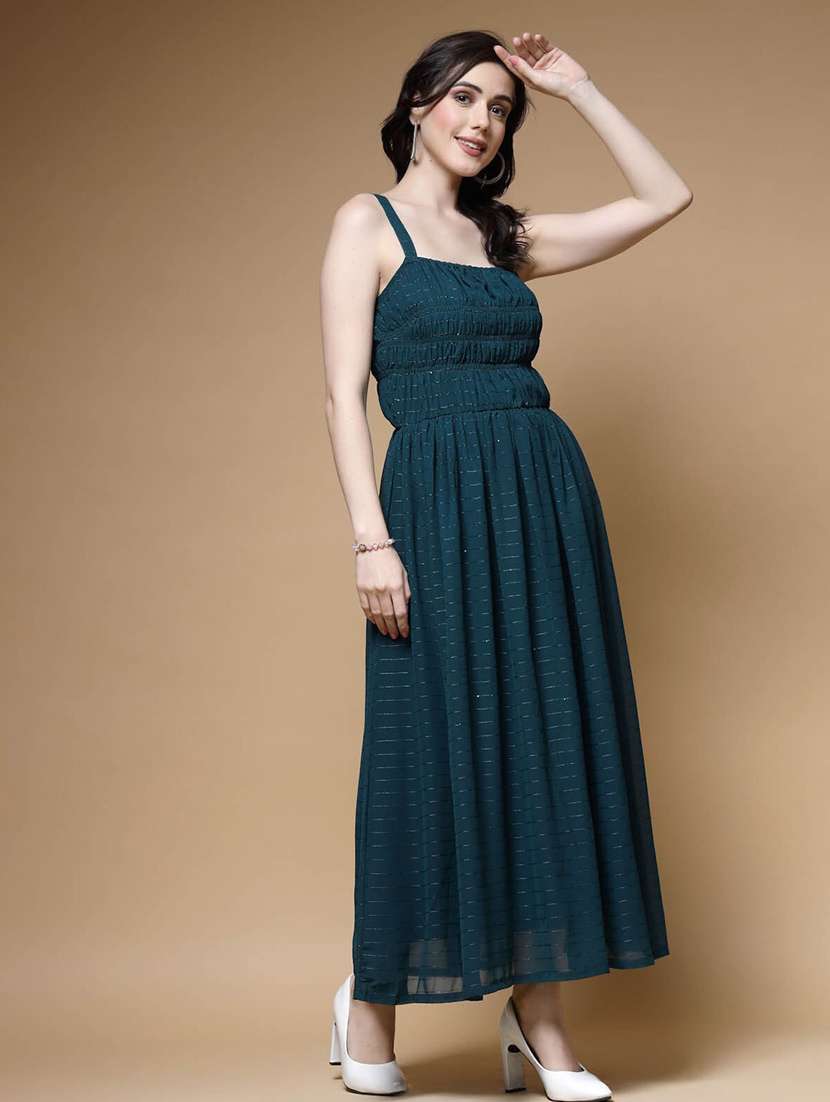 bottle green self design smocked maxi dress - 20644388 -  Standard Image - 1