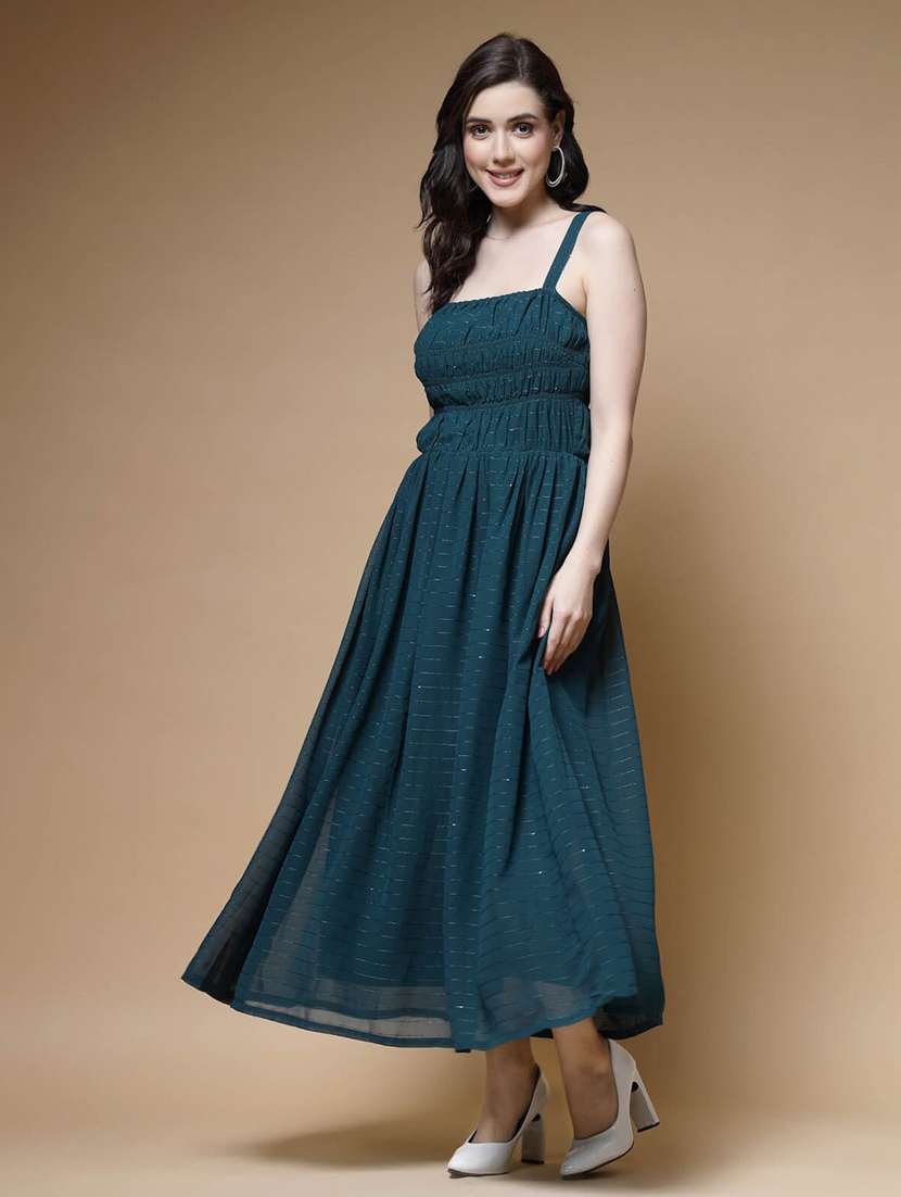 bottle green self design smocked maxi dress - 20644388 -  Standard Image - 4