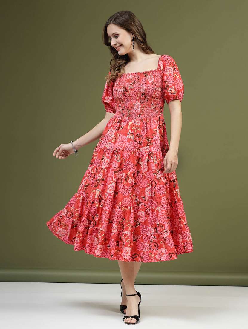 pink floral printed smocked detailed midi dress