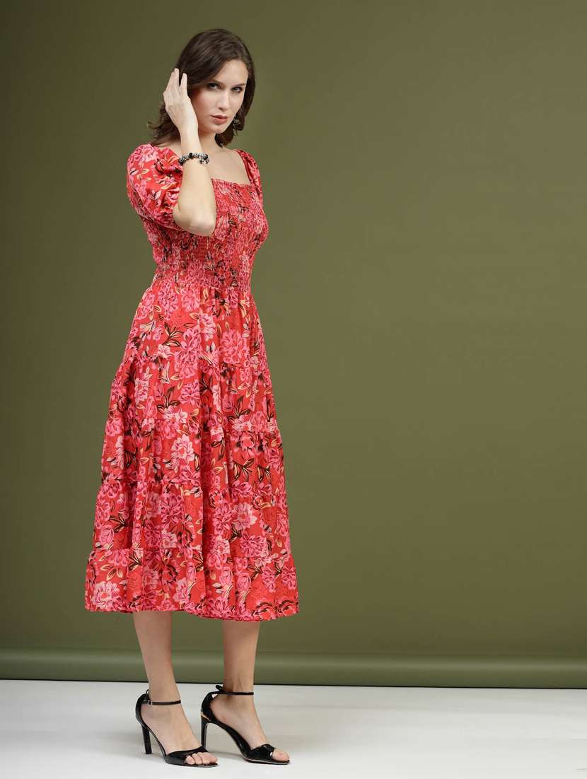 pink floral printed smocked detailed midi dress - 20644427 -  Standard Image - 1
