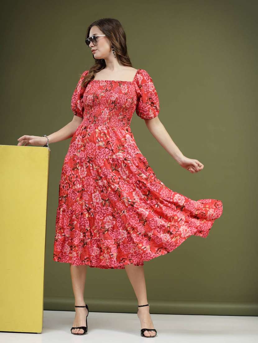 pink floral printed smocked detailed midi dress - 20644427 -  Standard Image - 4