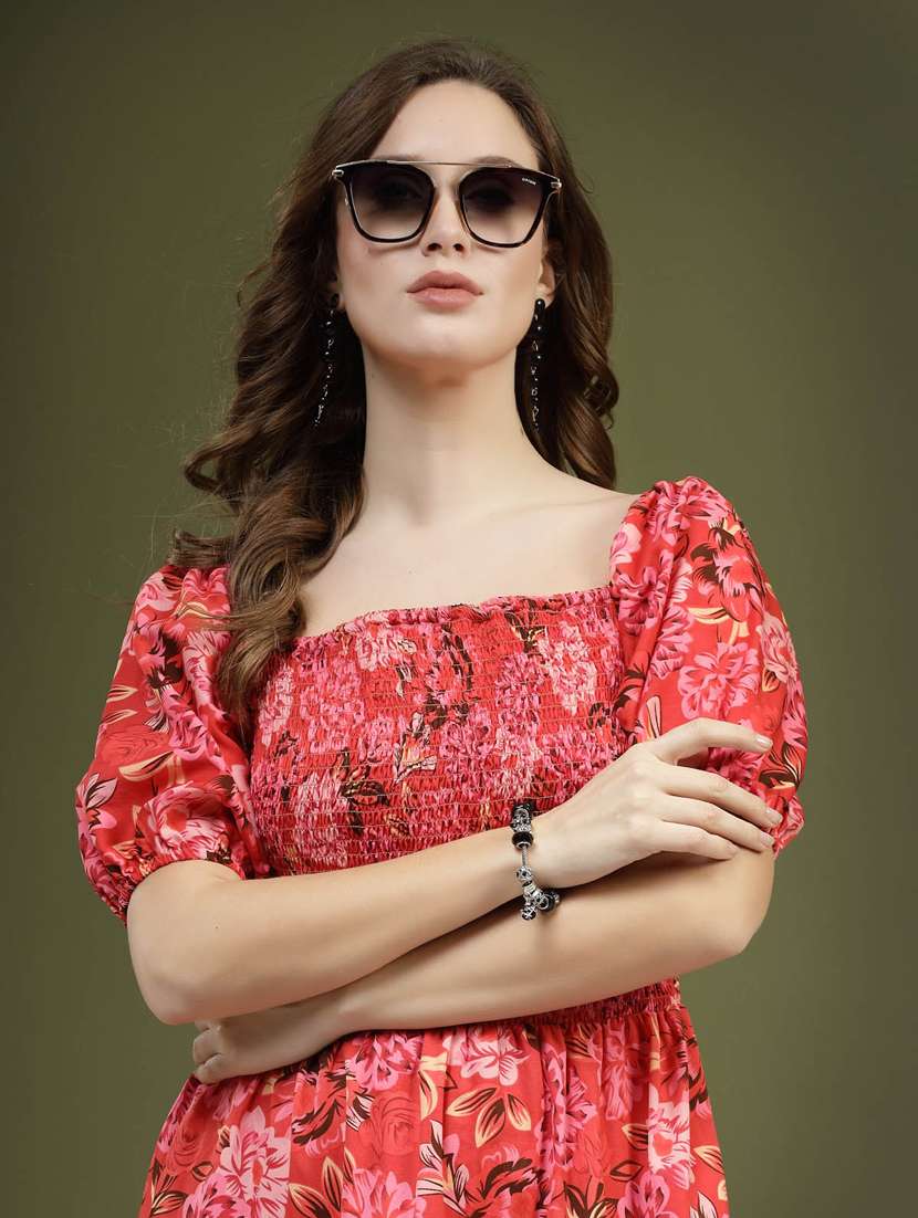 pink floral printed smocked detailed midi dress - 20644427 -  Standard Image - 6