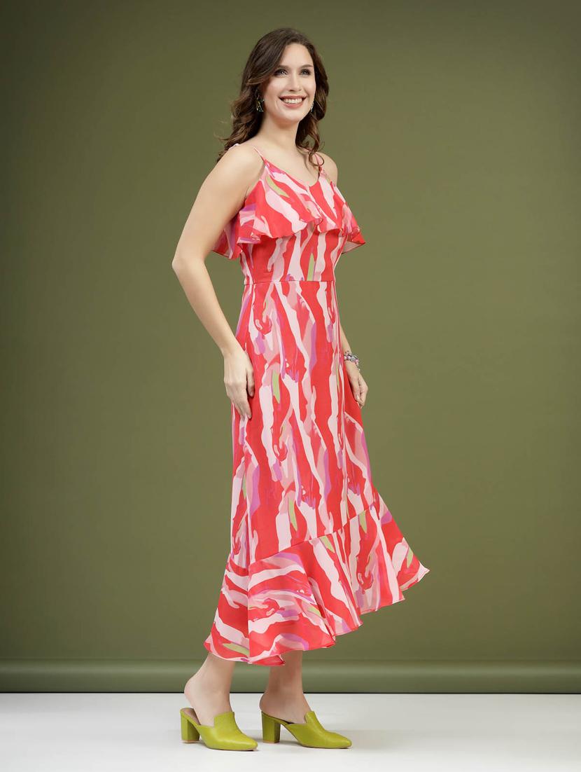 pink printed detailed asymmetric midi dress - 20644434 - Standard Image - 1