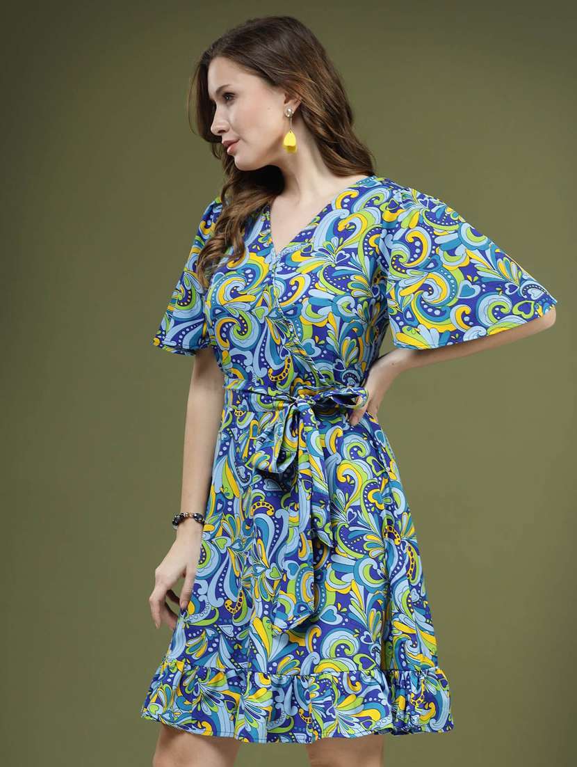 blue all over printed belt detailed a-line dress - 20644435 -  Standard Image - 1