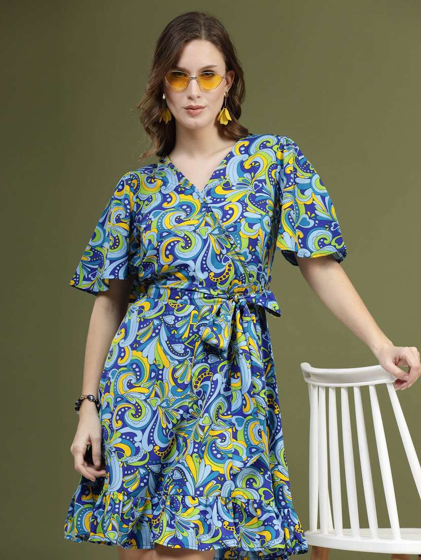 blue all over printed belt detailed a-line dress - 20644435 -  Standard Image - 4
