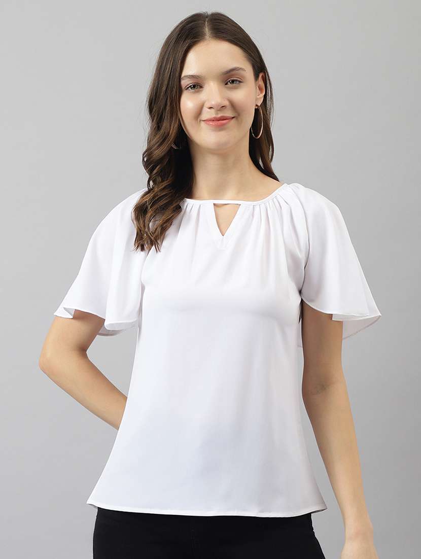 solid white flared sleeves detailed regular top