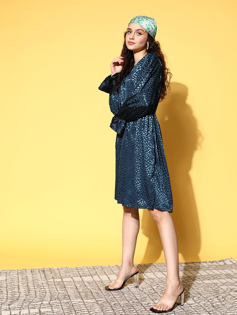 teal blue self design fit & flare dress - 20644614 -  Standard Image - 1