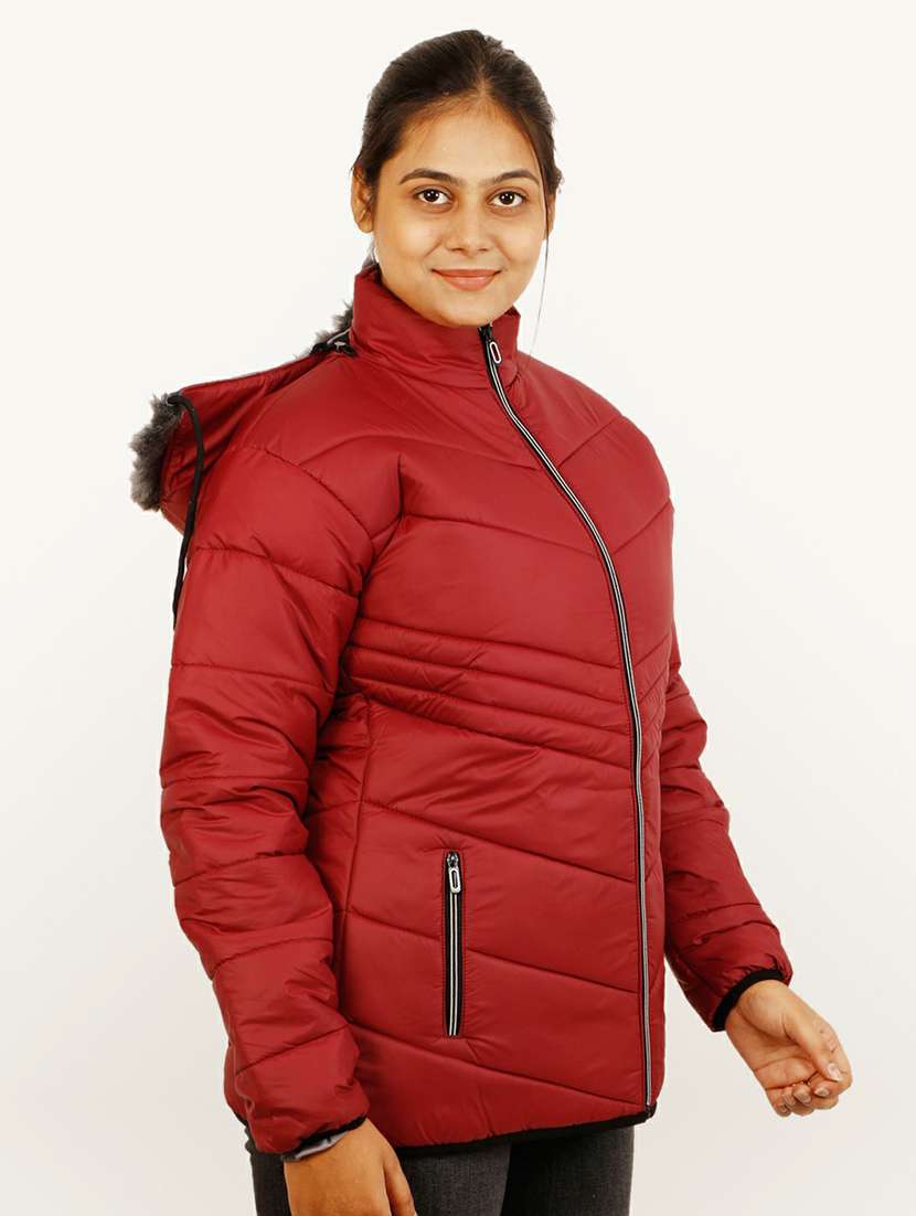 women maroon solid hooded quilted jacket - 20644907 -  Standard Image - 1