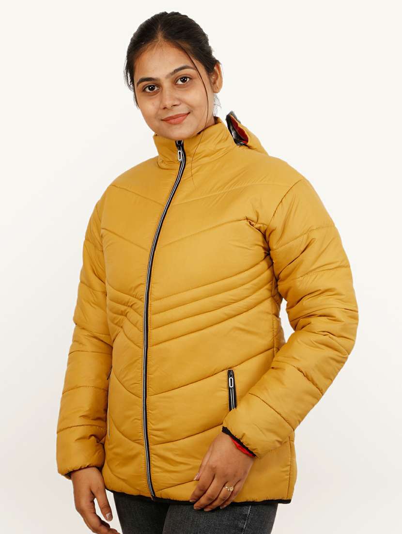 women mustard solid hooded quilted jacket - 20644912 - Standard Image - 1
