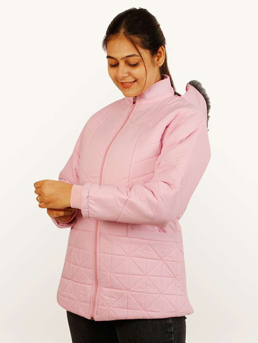 women pink solid hooded quilted jacket - 20644913 - Standard Image - 1
