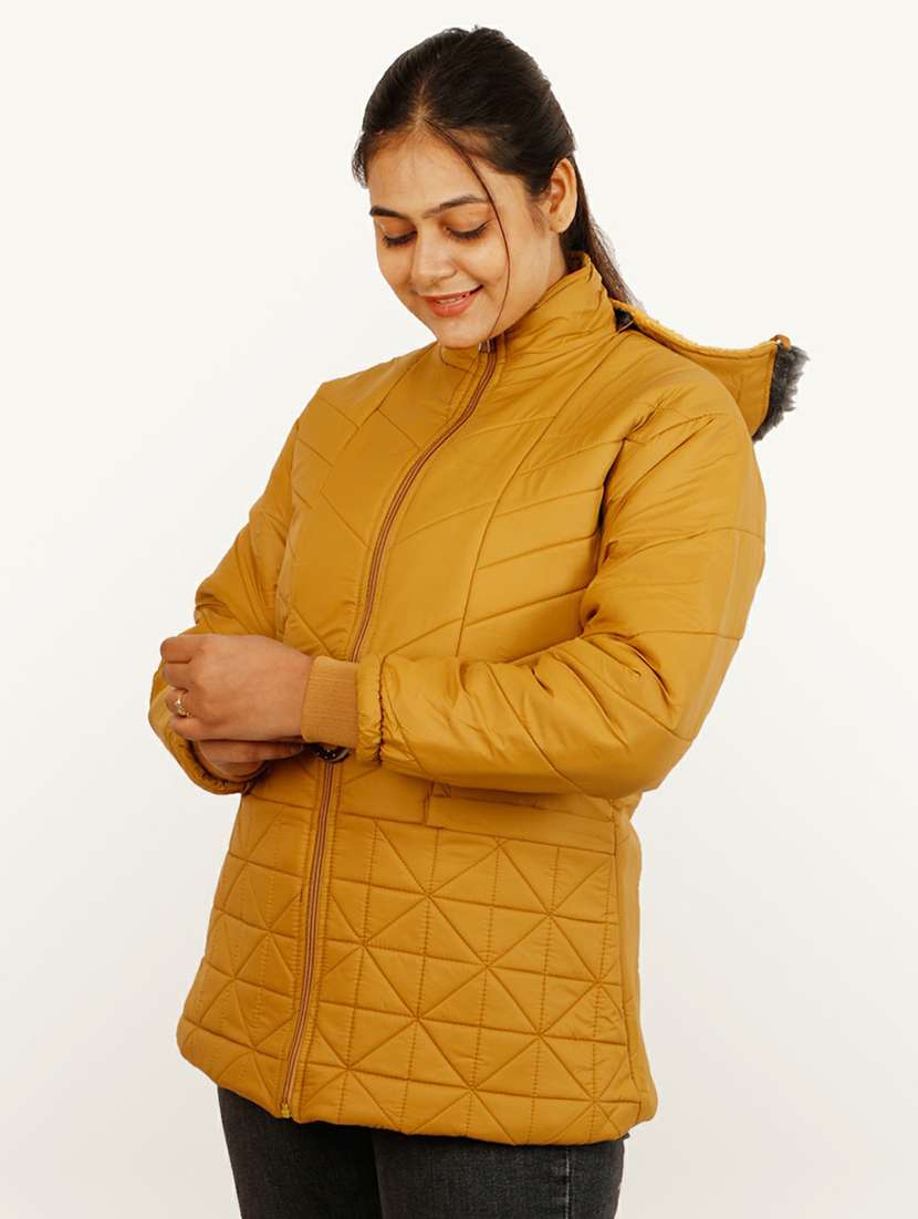 women gold solid hooded quilted jacket - 20644914 - Standard Image - 1