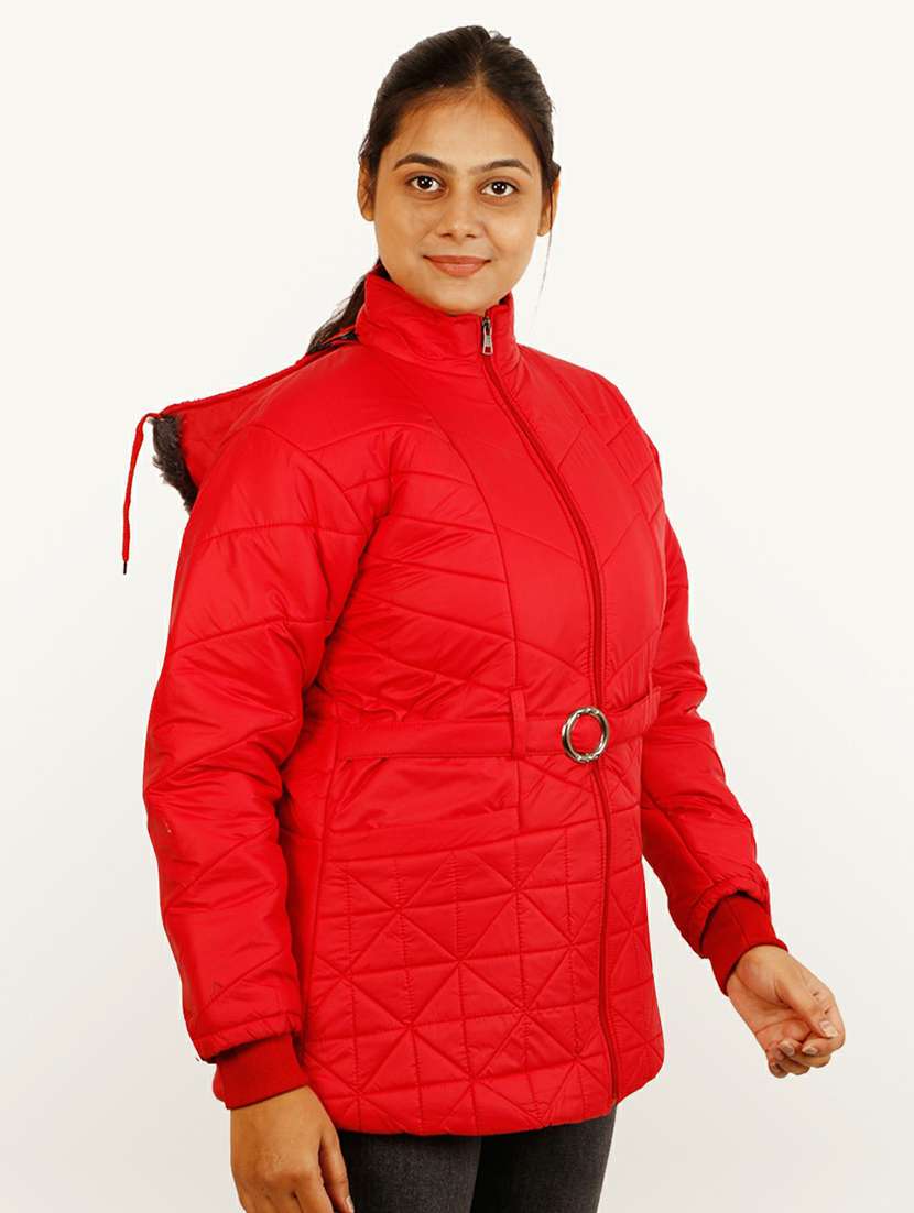 women red solid hooded quilted jacket - 20644917 -  Standard Image - 1