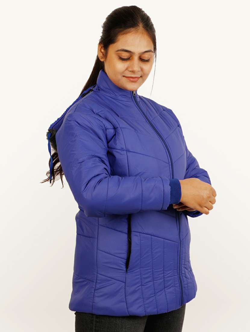 women blue solid hooded quilted jacket - 20644918 -  Standard Image - 1