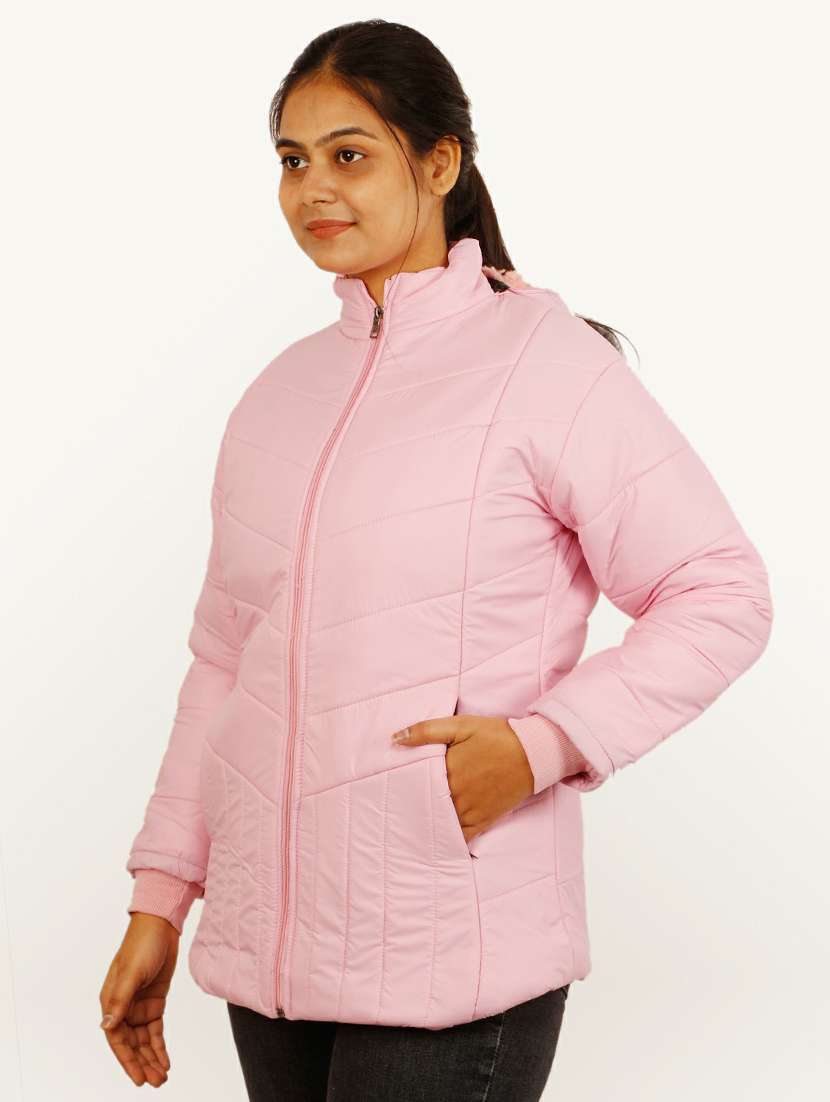 women pink solid hooded quilted jacket - 20644920 -  Standard Image - 1