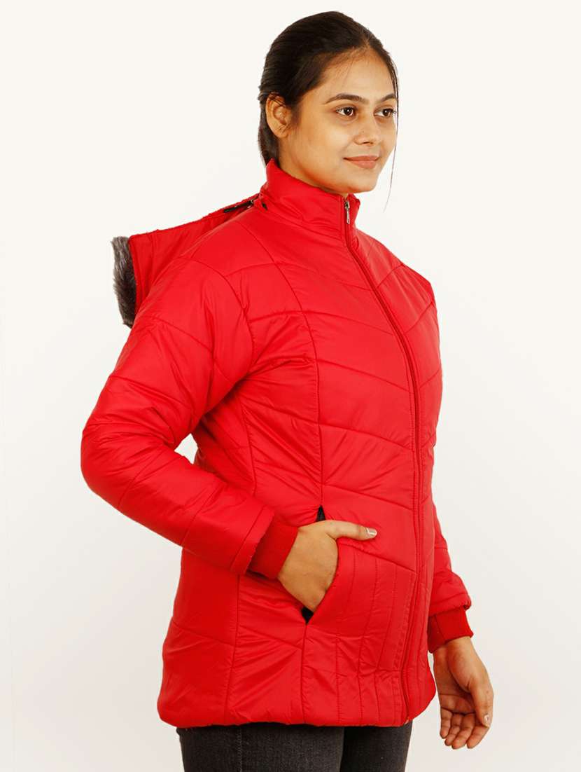 women red solid hooded quilted jacket - 20644921 - Standard Image - 1