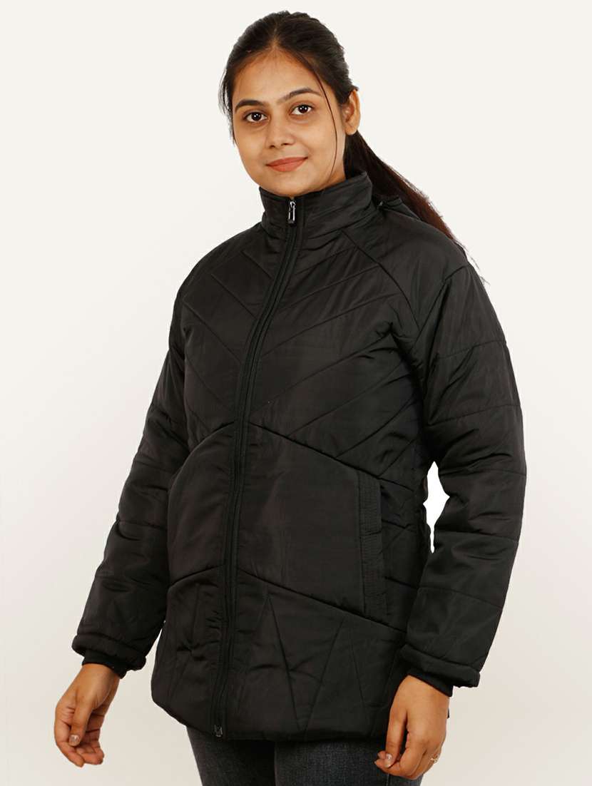women black solid hooded quilted jacket - 20644923 - Standard Image - 1