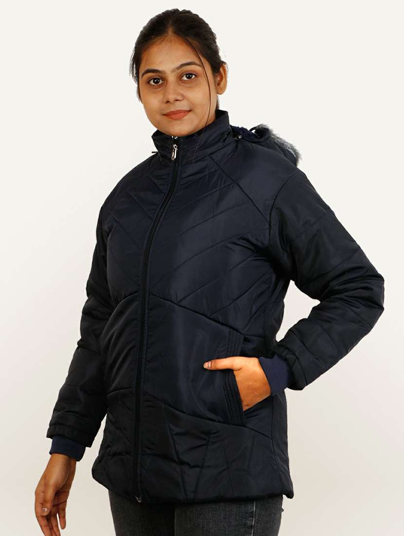 women navy blue solid hooded quilted jacket - 20644924 - Standard Image - 1