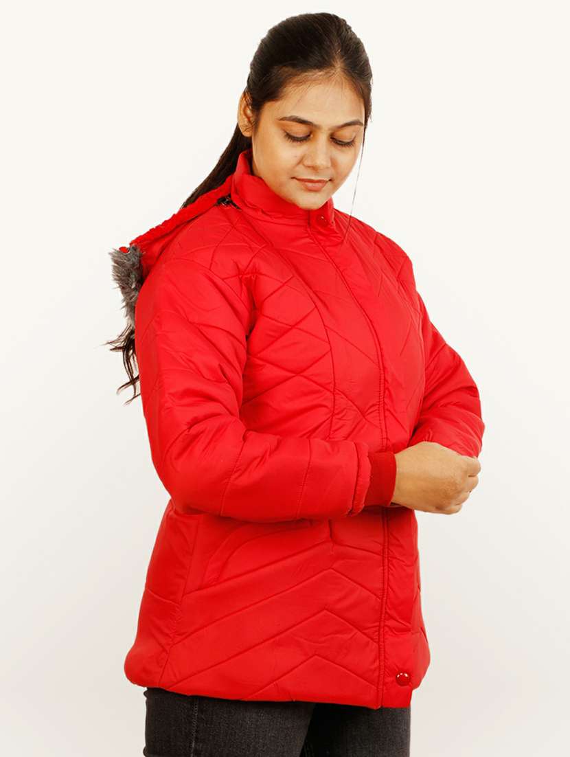 women red solid hooded quilted jacket - 20644925 - Standard Image - 1