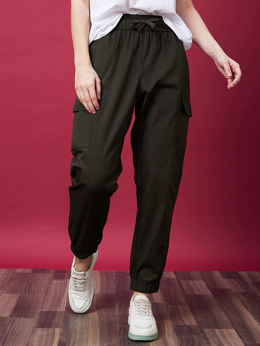 globus women olive mid-rise elasticated drawstring waist cargo joggers - 20646071 - Zoom Image - 0