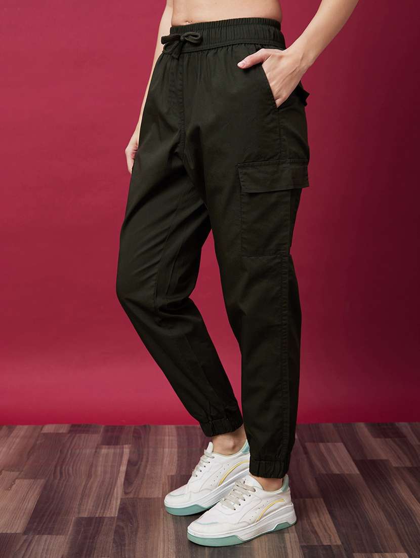 globus women olive mid-rise elasticated drawstring waist cargo joggers - 20646071 - Standard Image - 1