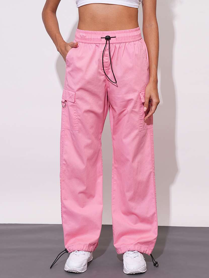 globus women apricot blush mid-rise elasticated drawstring waist cargo joggers