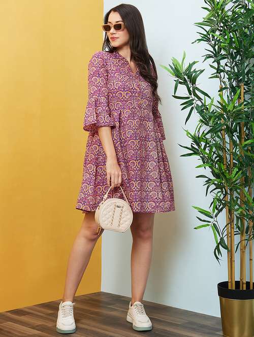 women bell sleeved printed a-line dress - 20646079 -  Standard Image - 0