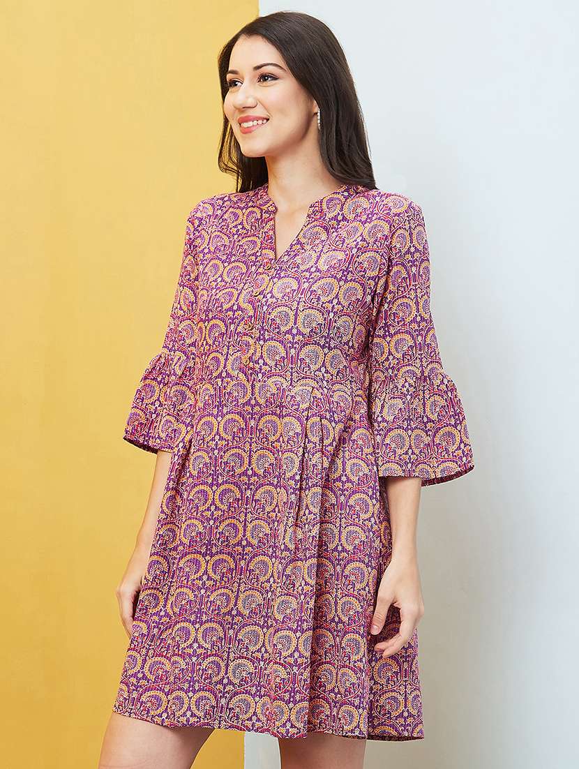 women bell sleeved printed a-line dress - 20646079 - Standard Image - 1
