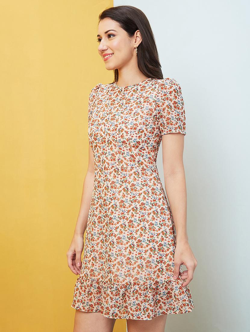 globus women orange allover floral printed puff sleeves fit & flare mini dress - 20646100 -  Standard Image - 1