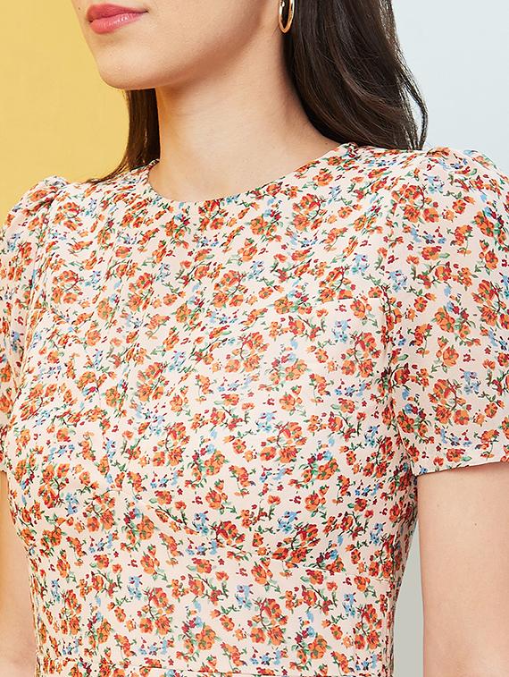globus women orange allover floral printed puff sleeves fit & flare mini dress - 20646100 - Standard Image - 4