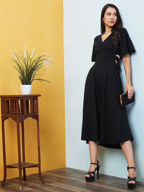 black solid fit & flare dress - 20646106 -  Standard Image - 0