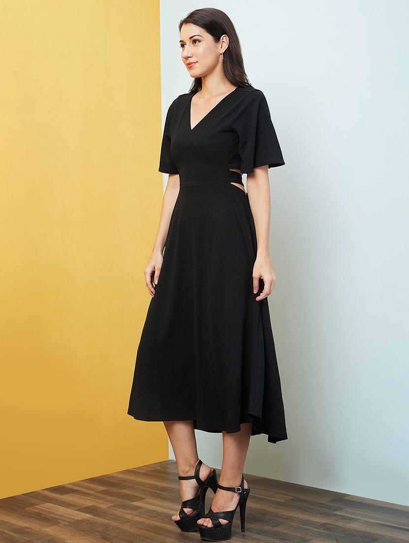 black solid fit & flare dress - 20646106 - Standard Image - 1
